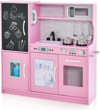 HONEY JOY Pink Kids Kitchen Playset, Wooden Little Chef Pretend Toy Kitchen Set w/Chalkboard, Telephone, Utensils, Oven, Microwave, Sink, Play Kitchen for Toddlers, Gift for Boys Girls, Pink
