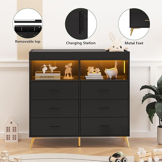 Dresser for Bedroom with LED Lights and Power Outlet, Baby Changing Table Dresser with 6 Drawers, 2 Open Storage Shelves, Baby Diaper Station with Changing Table Top (Black)