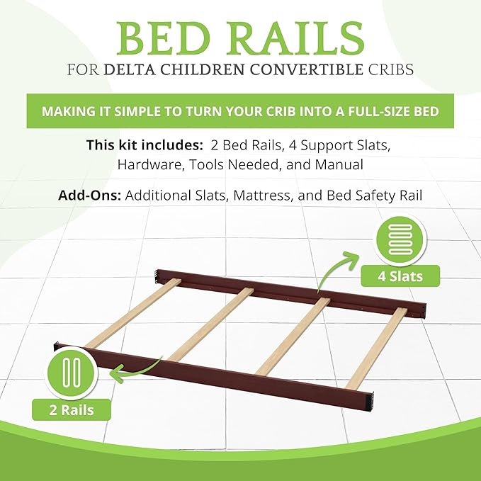 Full-Size Conversion Kit Bed Rails Compatible with Delta Children Convertible Cribs - Solid Wood Rail #0050 - Toddler & Adult Bed Rail for Full-Size Beds - Baby Furniture (Espresso Cherry - 205)