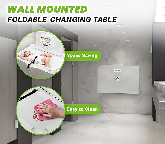 Alpine Wall Mounted Baby Changing Station 2 Pack - Horizontal Baby Changing Table Foldable Diaper Tables with Safety Strap for Commercial Bathroom, ADA Complaint (Hardware Included) White Gray