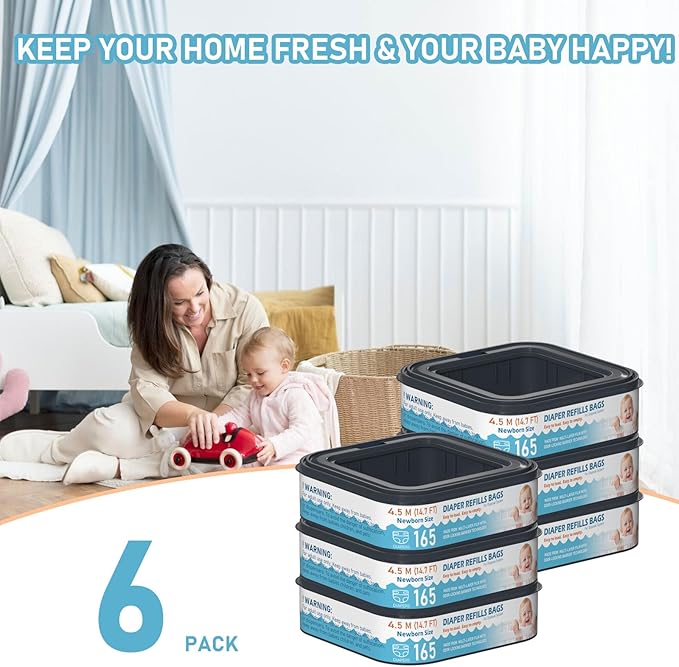 Square Starter Refills Disposal Bags Refill Compatible with Diaper Genie Classic, Compact and Select Pails, Hold Up to 165 Newborn-Sized Diapers Per Refill, 6 Pack