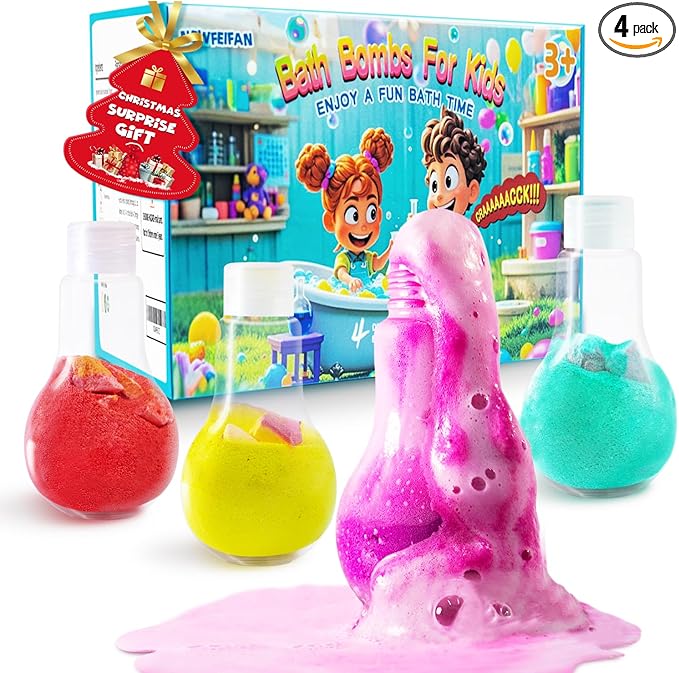 Potions Bath Bombs for Kids Christmas Gifts for Teens, 4 Pack Colorful Fizzy Bubble Bath for Fun and Educational Bath Time, Cool Foam Explosion Bath Toys for Kids, Boy Girls Stocking Stuffers