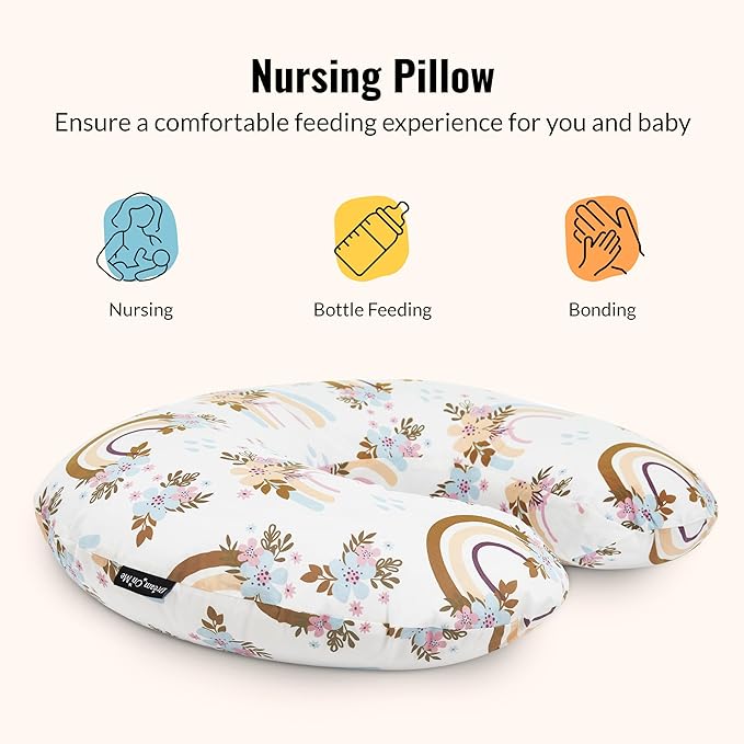 Dream On Me Beeboo Nursing Pillow and Positioner, Supportive for Breastfeeding and Bottle Feeding, Removable and Washable Cover, Soft and Breathable Fabric, Rainbow White