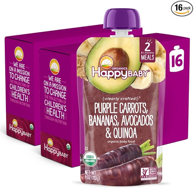 Happy Baby Organics Stage 2 Baby Food Pouches, Gluten Free, Vegan & Healthy Snack, Clearly Crafted Fruit & Veggie Puree, Purple Carrots, Bananas, Avocados & Quinoa, 4 Ounces (Pack of 16)