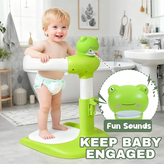 Baby Shower Stand Adjustable Toddler Shower Standing Support with Anti-Slip Base Infants Bath Support for 8-36 Months Portable Bath Helper (Frog)