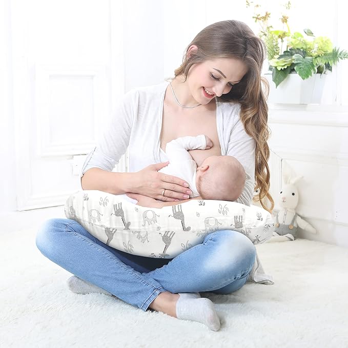 LAT Nursing Pillow for Breastfeeding,100% Cotton Removable Cover,Ergonomic Breast Feeding Pillows for Mom and Baby,Machine Washable(Giraffe & Elephant)