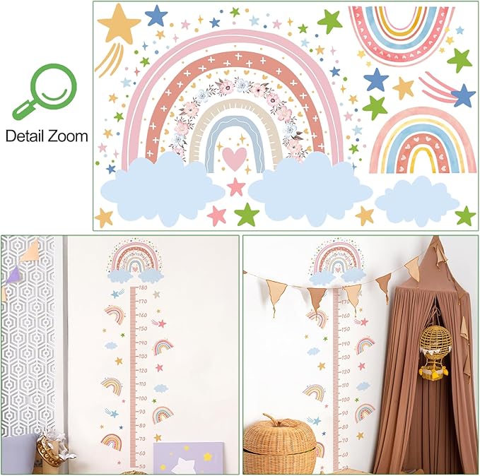 3D Cartoon Height Growth Chart for Kids - Removable DIY Pink Rainbow Wall Decal Peel and Stick Stars and White Clouds Wall Art Decor for Kids Nursery, Bedroom, Bathroom