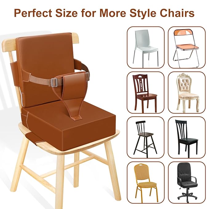 Toddler Booster Seat for Dining Table Kitchen Chair, Waterproof Non-Slip with Backrest & Adjustable Straps, Portable PU Travel Baby Kids Booster Seat Cushion