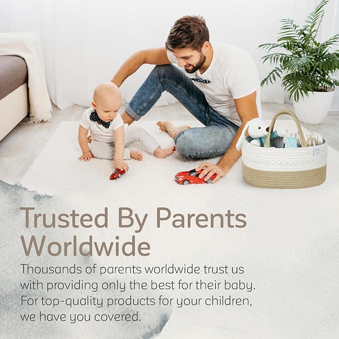 KiddyCare Woven Diaper Caddy Organizer, Large Gray Multi Functional Portable Baby Basket with Handle, Baby Gift for Boy/Girl Nursery Storage, Organization, and Modern Car Diaper Caddy Natural Large