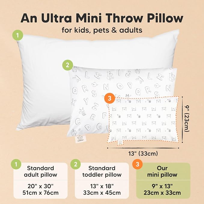 Mini Toddler Pillow with Pillowcase - 9x13 My Little Dreamy Travel Kids Pillow for Sleeping, Toddler Bed, Small, Tiny, Organic Cotton Pillowcase, Soft & Breathable, Kids 2-4 Years Old(Bumble Bear)