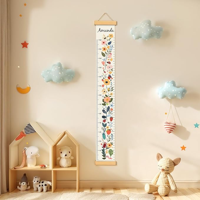 Personalized Name Growth Chart for Kids, Flower Canvas Height Chart Ruler Removable Hanging Wall Ruler Measurement Chart for Home Decoration, Waterproof Measuring Board, Foldable