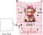 Personalized Baby Blankets for Girls, Custom Name Pink Highland Cow Pattern Baby Blanket, Soft Minky Dot Blanket for Newborns and Toddlers, Ideal for Baby Showers Christmas Brithday Gifts