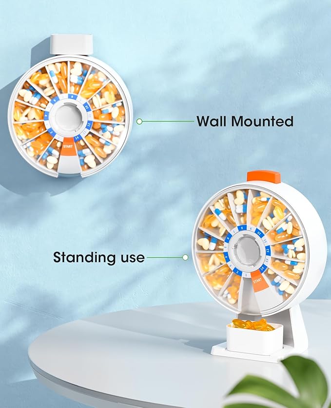 Daviky Pill Dispenser Daily, Large Pill Organizer with Wall-Mounted or Standing Use, 14 Days Pill Box, Push Button Design, Weekly Pill Organizer for Vitamin, Medicine.Supplement, Fish Oil
