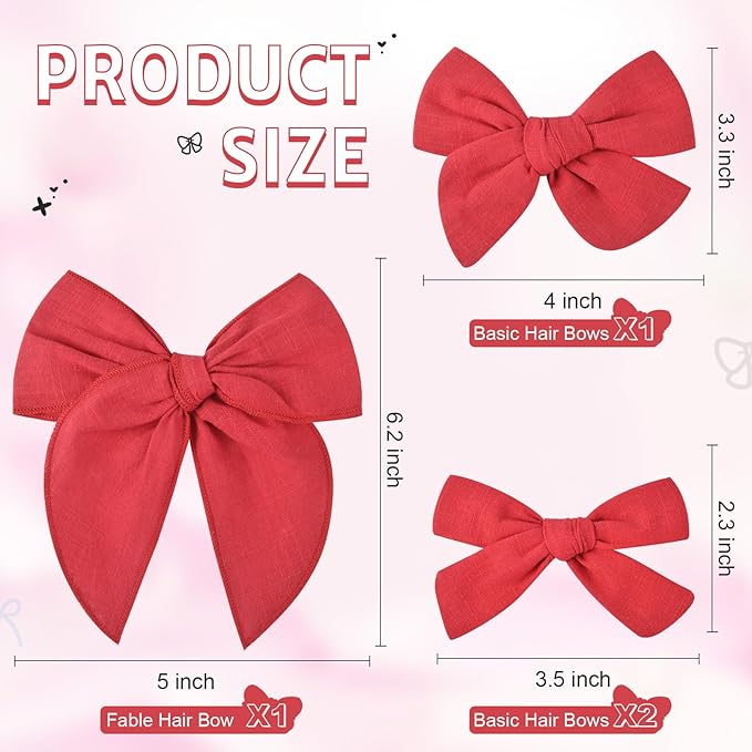DEEKA 4 PCS Red Cotton Linen Hair Bows 3 Styles 5" & 4" Handmade Hair Bow set for Toddler Girls Alligator Hair Clips Knot Bows Hair Accessories for Little School Girls (Red)