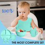 Bluet B- Silicone Feeding Set - Pacifier, Baby Spoons, Suction Bowl, Plate - Baby Utensils - First Foods Set - 11pcs - Green