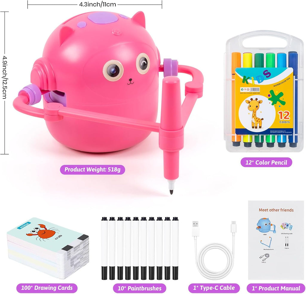 Drawing Robot for Kids, Interactive Educational Drawing Robot, Magic Painting Robot Toy with 100 Word Cards & 16 Color Pens for Girls and Boys Age 3+ (Pink)
