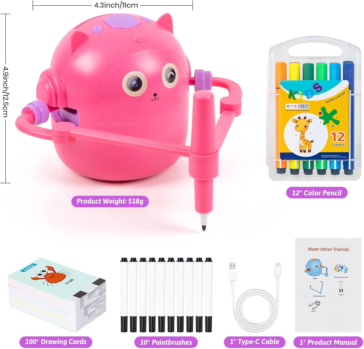 Drawing Robot for Kids, Interactive Educational Drawing Robot, Magic Painting Robot Toy with 100 Word Cards & 16 Color Pens for Girls and Boys Age 3+ (Pink)