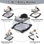 5 in 1 Foldable Baby Walker,Activity Baby Walker-Baby Bouncer,Rocker,Activity Center,Seat and Push Walker,Detachable Footrest Mat,Adjustable Speed Rear Wheels and Height,Ages 6-18 Months (Black)