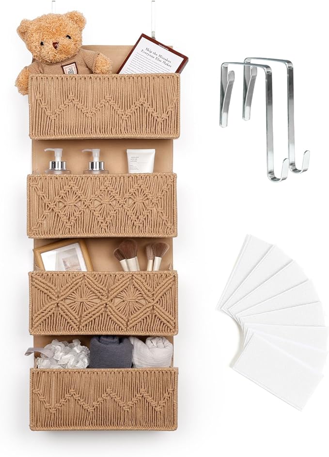 ANTIS'S HOME Nursery Over The Door Organizer Boho Decor Nursery Storage with 4 Large Woven Pockets, Macrame Nursery Organizers and Toys Storage, Behind Door for Bathroom, Bedroom, Brown