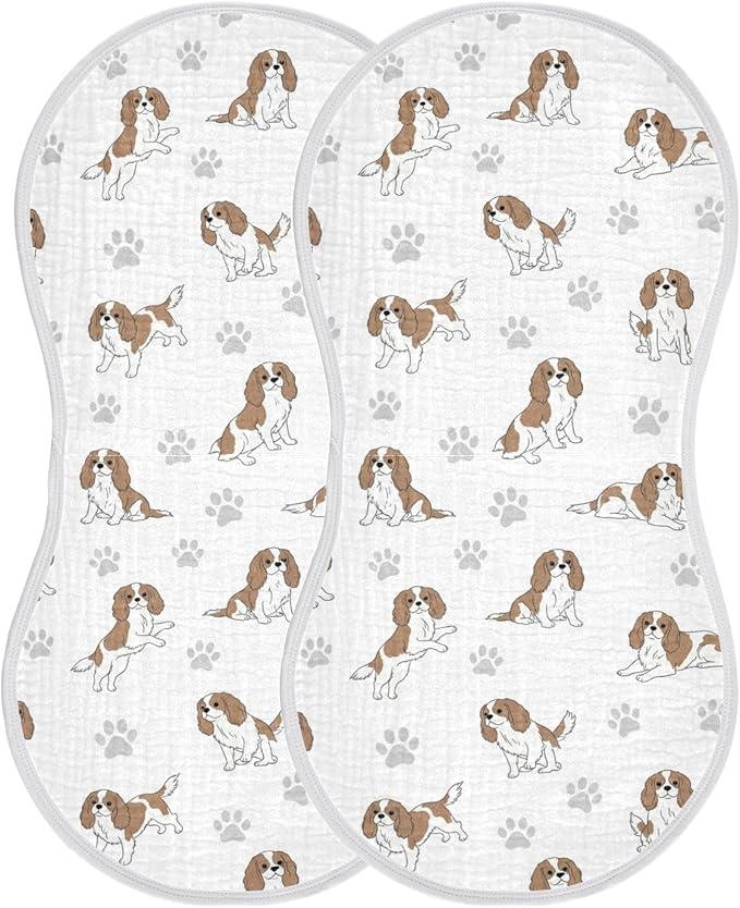 2 Pack Muslin Burp Cloths Cavalier Dogs Paw White Cotton Baby Burp Cloths Absorbent Burping Cloth Soft Spit Up Rags for Newborn Must Haves 22x11 Inch