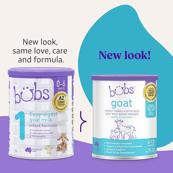Bubs Whole Goat Milk Formula with Iron, Goat Milk-Based Powder, for Infants 0-12 Months, Made with Non-GMO Goat Milk, 20 oz