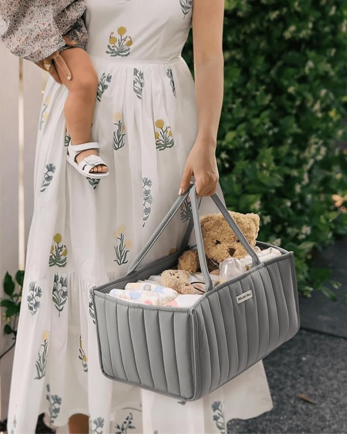 Blissful Diary Baby Diaper Caddy Organizer, Stylish Storage Basket for Newborn Essentials and Diaper Station, Gift for Baby Shower and Registry Must-Have, Light Gray