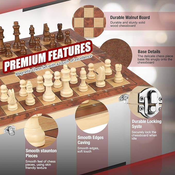 Chess Checkers Backgammon 3-in-1 Board Games Sets, Wooden Chess Set for Adults & Kids, 17.2" Lightweight Checkers Board Game,Strategy Backgammon Sets for Adults, Travel Chess Board Game Pieces Storage