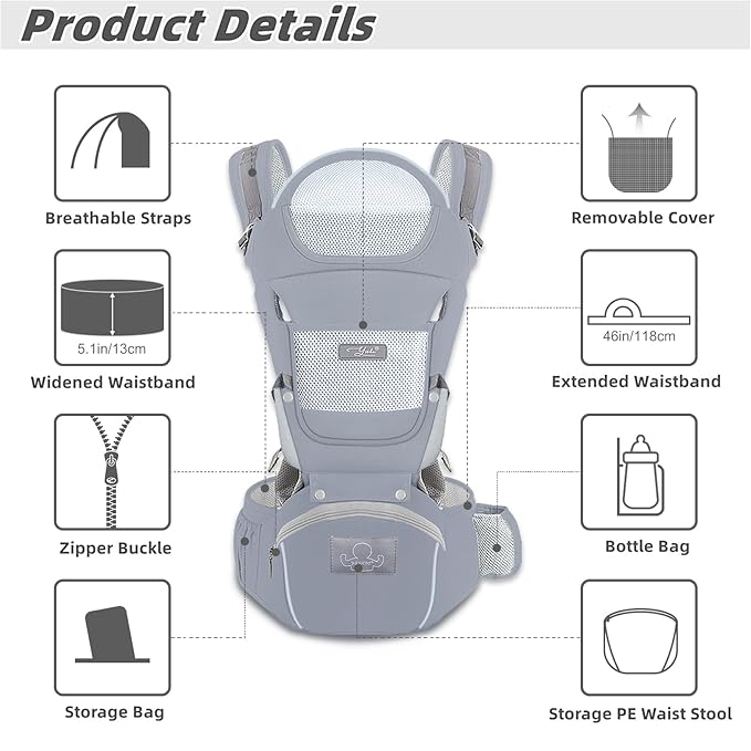 Baby Carrier Ergonomic Infant Carrier with Hip Seat Kangaroo Bag Soft Baby Carrier Newborn to Toddler 7-45lbs Front and Back Baby Holder Carrier for Men Dad Mom (Grey)