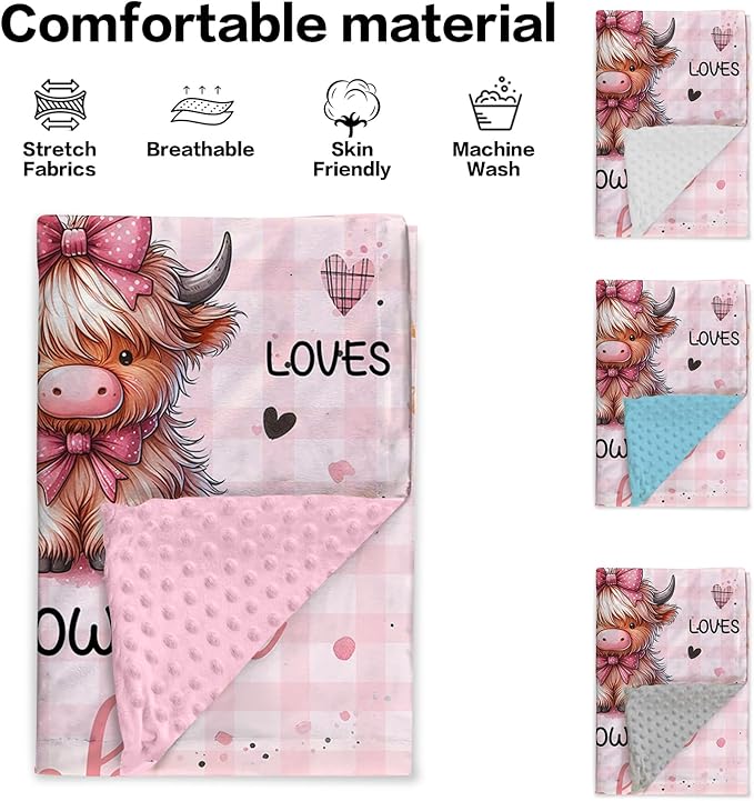 Personalized Baby Blankets for Girls, Custom Name Pink Highland Cow Pattern Baby Blanket, Soft Minky Dot Blanket for Newborns and Toddlers, Ideal for Baby Showers Christmas Brithday Gifts