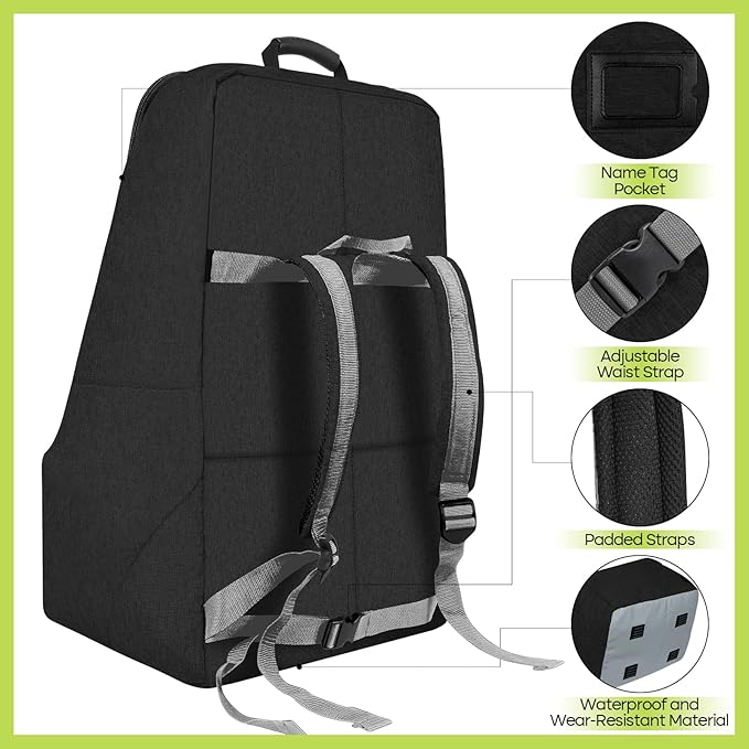Padded Car Seat Travel Bag for Airplane, Heavy Duty Backpack for Air Travel, Water-Resistant Carrier with Shoulder Strap, Fits Most Car Seats (Black)