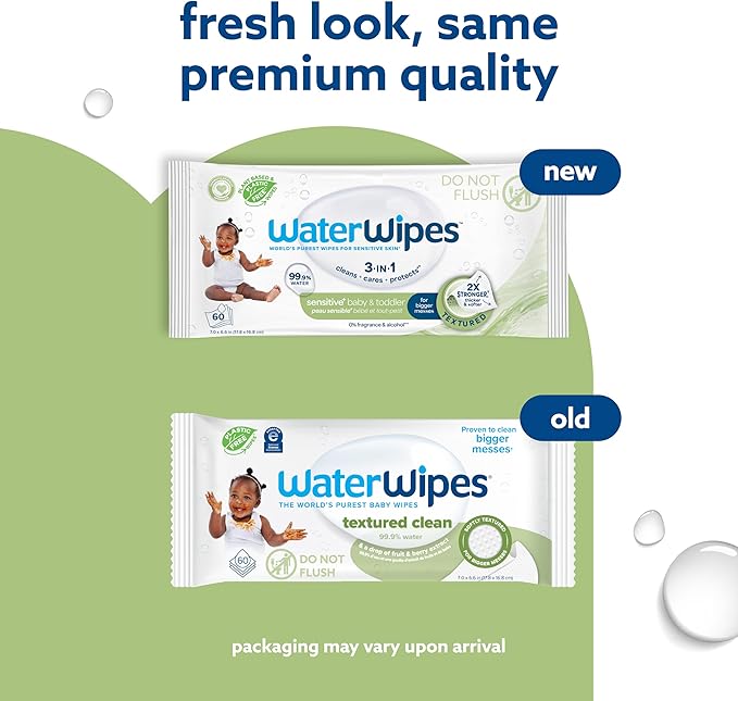 WaterWipes Sensitive+ Baby & Toddler Wipes, 3-In-1 Cleans, Cares, Protects, 99.9% Water, Textured Clean, Unscented & Hypoallergenic, 60 Count (1 Pack)