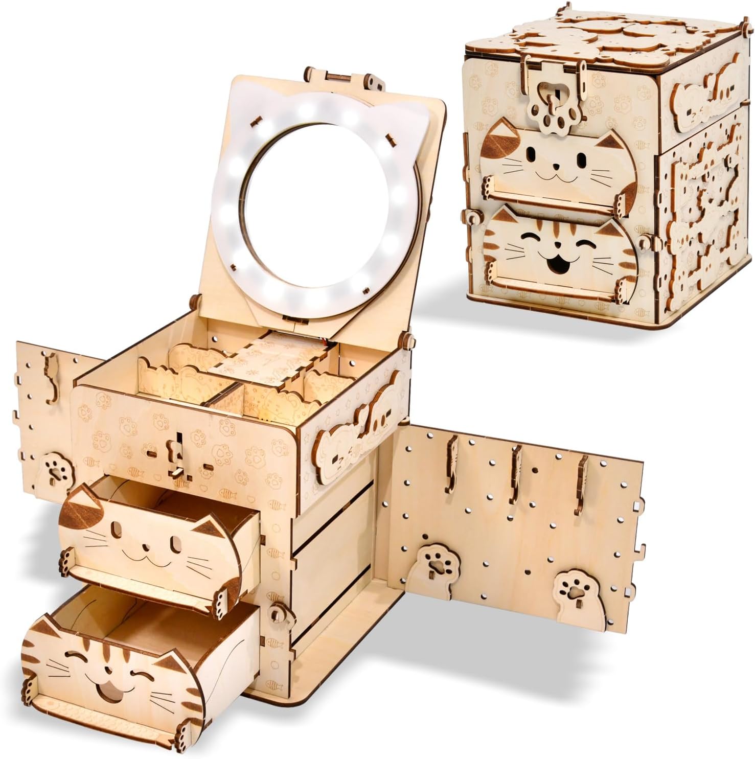 3D Wooden Puzzles for Adults: DIY Jewelry Box with Mirror, Cat Model Craft Kit, Creative Gift for Women Men Birthday Christmas Home Decor and Storage