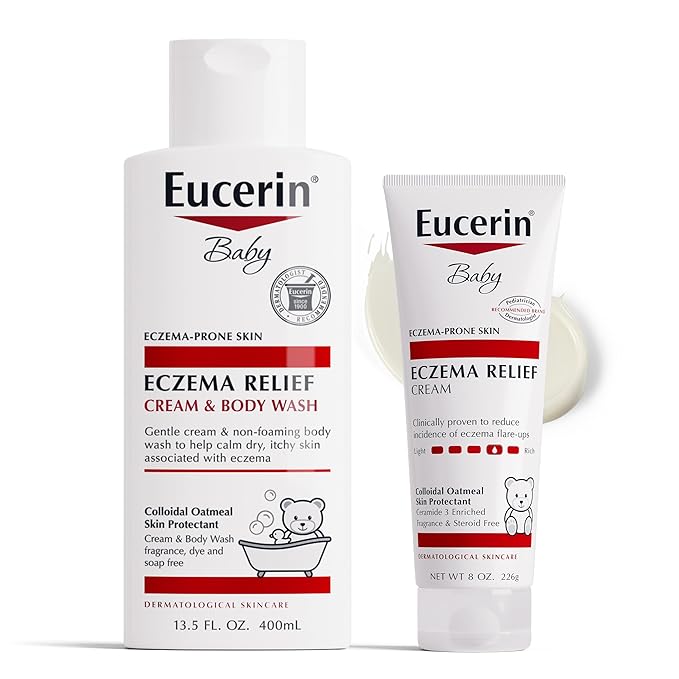 Eucerin Baby Eczema Relief Cream and Body Wash (13.5 Fl Oz) + Baby Eczema Cream (8 Oz), Fragrance Free Skin Care Set with Colloidal Oatmeal (Skin Protectant)