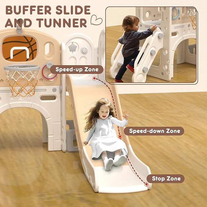 XJD 8 in 1 Toddler Slide Set, Kids Slide for Toddlers Age 1+, Toddler Climber Slide PlaySet with Basketball Hoop and Ball,Outdoor Indoor Playground for Toddlers 1-3 (Beige Coffee, 8 in 1)