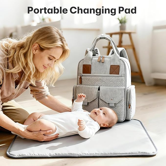 Diaper Bag Backpack - Large Diaper Bag with Portable Changing Pad as Baby Shower Gifts, Lightweight Waterproof Unisex Travel Baby Bag with 4 Insulated Pockets and Stroller Buckles, Light Grey