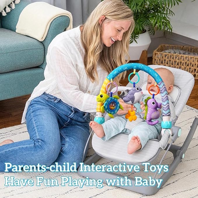 Baby Stroller Arch Toy, Clip On Arch Mobile for Bassinet with Universal Clamps, Activity Toy Bar for Bouncer Musical Crib Mobile Toys for Infants Car Seat Toys Rattle Turtle Music Whale