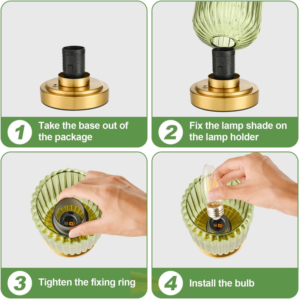 Small Table Lamp for Bedroom, Dimmable Cordless Lamp, Rechargeable Battery Operated Lamp with Green Glass Shade Touch Lamps for Night Stands, Living Room, Desk, Bulb Included