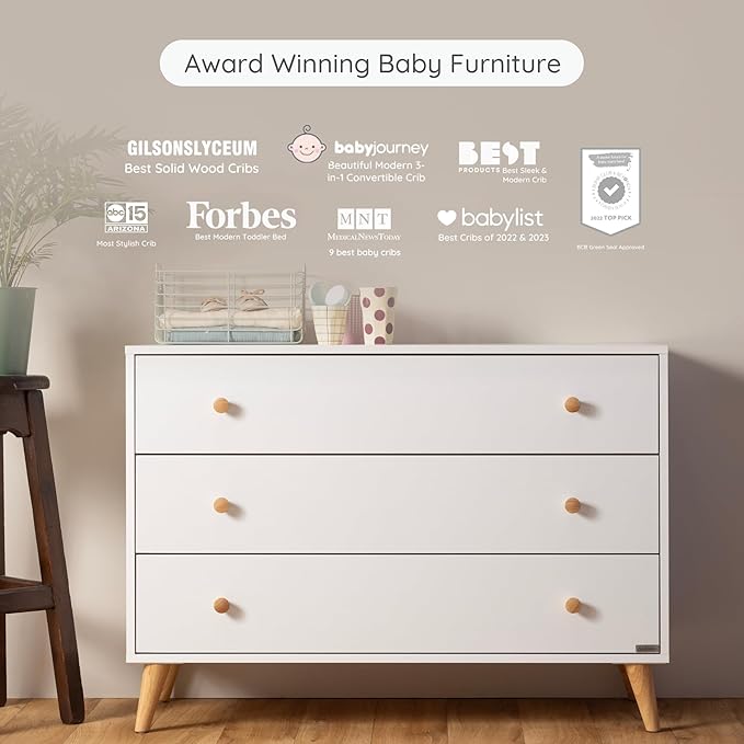 dadada Austin 3-Drawer Dresser for Nursery and Bedroom - Modern Design, Large Storage, Baby-Safe Finish, Soft Close Drawers, Anti-Tip Safety, Solid Wood Feet, Durable Construction (White+Natural)