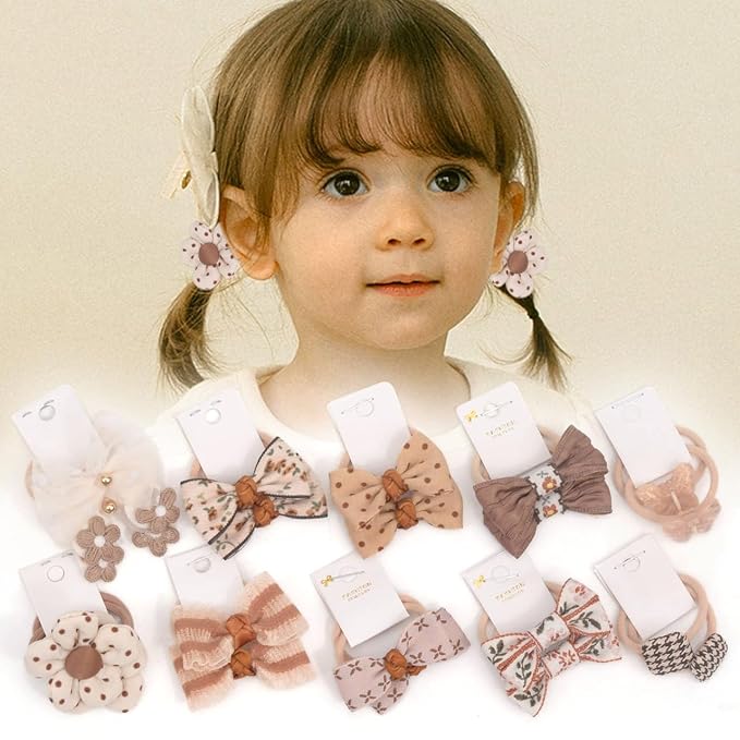 Boutique Hair Ties, 20 Pcs (10pairs) Hair Accessories with Bows, 1.2 Inch Hair Ties for Baby Girls, Toddler Hair Bows, Elastics Ponytail Holders for Kids Under 4 Years Old (Set-E)