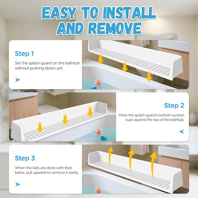 Splash Guard for Bathtub Kids - Silicone Bathtub Splash Guard with 11 Suction Cups, Bath Tub Play Shelf for Kids & Toy Holder, Prevent Water Spill in Bathroom, Fun Bath Time for Toddlers Baby, White