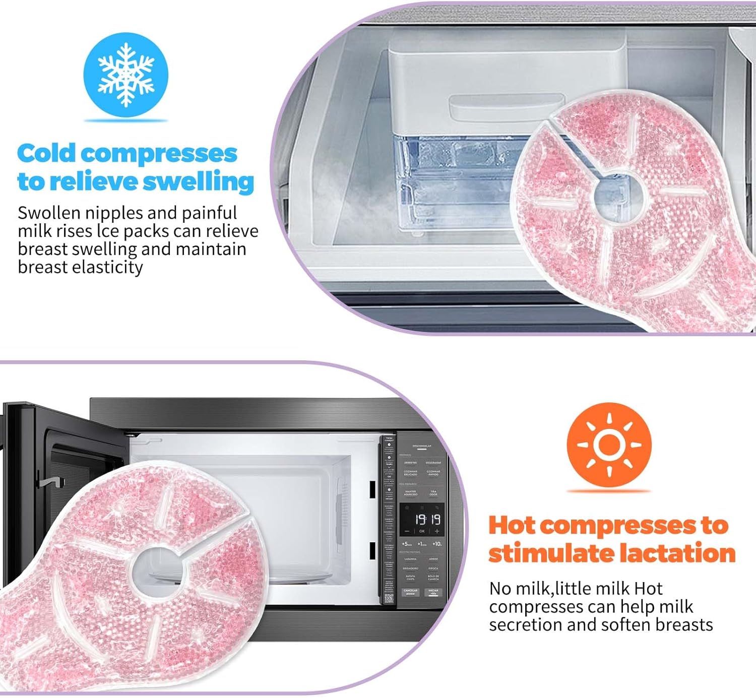 Breast Therapy Ice Packs, Hot and Cold Breast Pads, Breastfeeding Essentials Large Gel Bead Packs for Moms, 2 Pack (Pink, L)