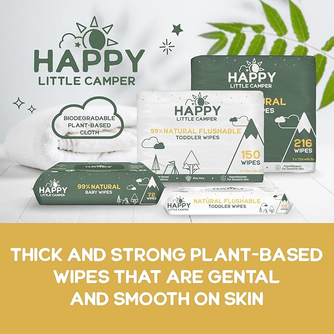 Happy Little Camper Natural Flushable Wipes - Hypoallergenic & Chlorine-Free Wet Wipes with Aloe Vera, Chamomile and Pomegranate Extract - Unscented Baby Wipes Safe for Sensitive Skin - 50 Count