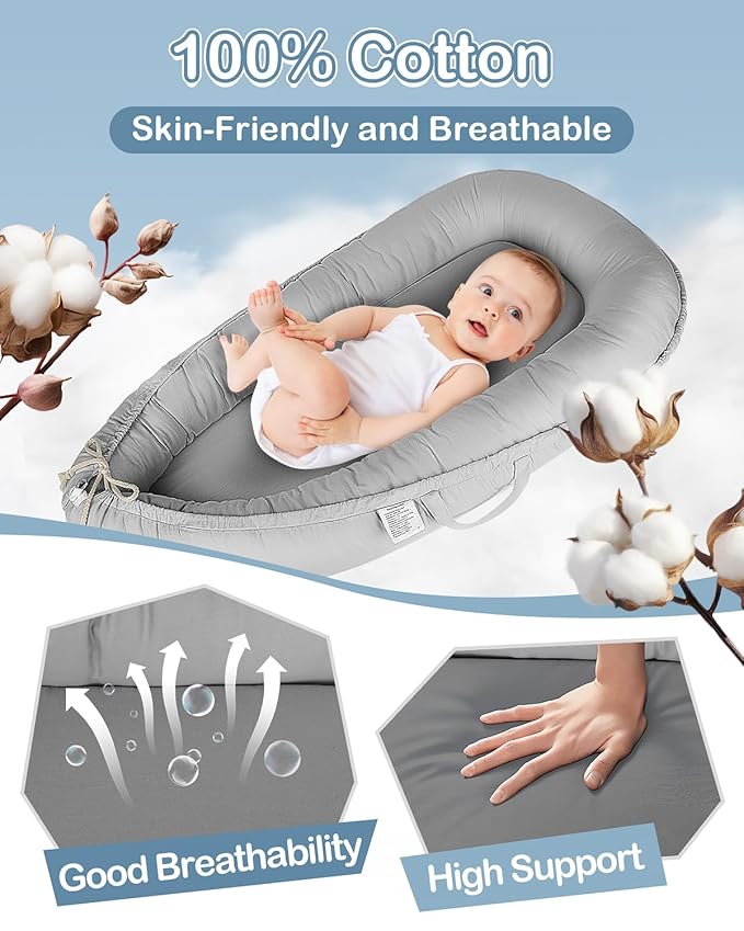 Baby Lounger - Infant Lounger for Newborn 0-24 Months, Pure Cotton Breathable Baby Nest Lounger Cover, Newborn Essentials for Baby Boys & Girls, Portable Baby Lounger for Home and Travel