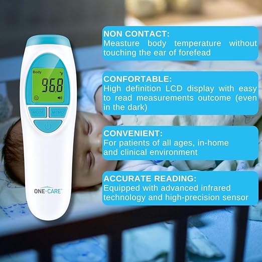 ONE-CARE Infrared Thermometer HTD8818A - Non-Contact, Homedics Thermometer, High Accuracy, Fast Reading, Body & Room Temp, Newborn Baby to Adult, Fever Alarm, Large Display