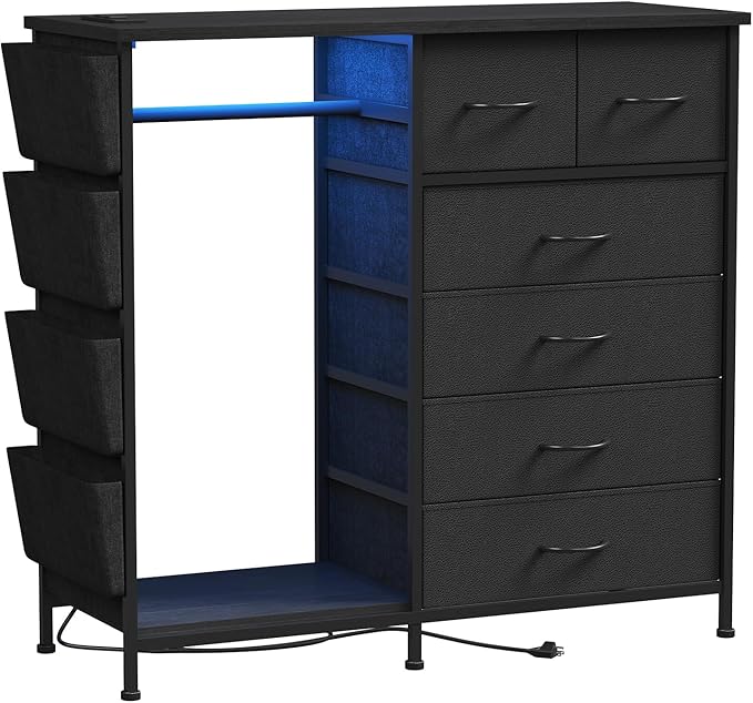 6 Drawer Dresser for Bedroom with Clothes Rack, Clothes Dresser with Side Pockets and Hooks, Charging Station & LED Lights, Wooden Top, Fabric Storage (Black)