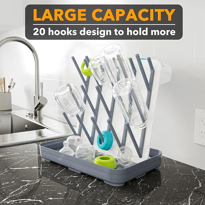SpaceAid Baby Bottle Drying Rack with 20 Hooks, Space Saving Kitchen Bottles Rack Dryer, Vertical Baby Bottle Holder Organizer for Countertop Storage Accessories (White and Gray)