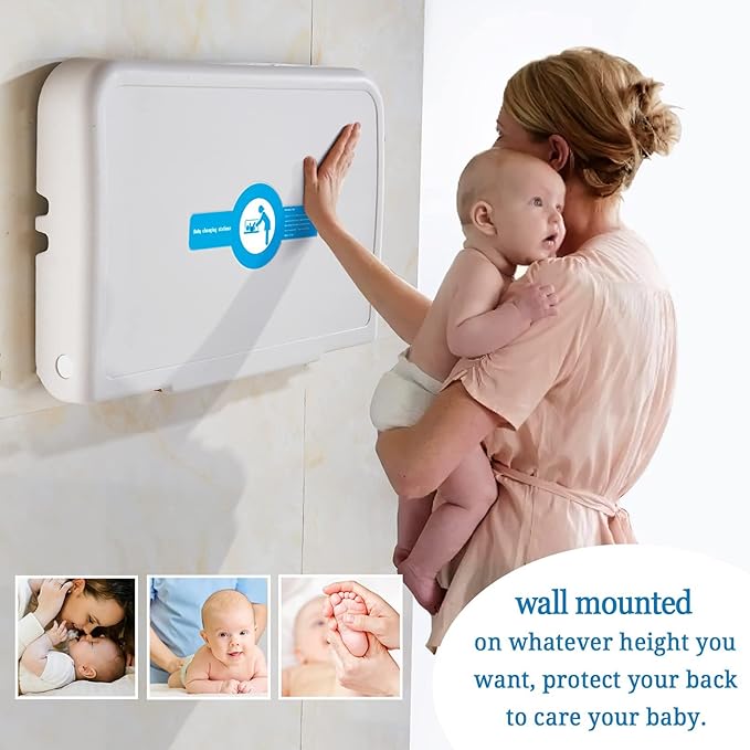 Baby Changing Station Wall Mounted Baby Changing Table Foldable Diaper Changing Unit Commercial Restrooms Horizontal HDPE Meterial with Safrty Strap White Gray