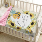 Personalized Newborn Blanket – Soft Flannel Receiving Swaddle with Double-Layer Dotted Backing – Bee and Yellow Flower Design