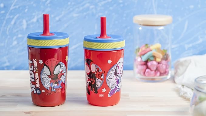 Zak Designs Spidey and His Amazing Friends Kelso Tumbler Set, Leak-Proof Screw-On Lid with Straw, Bundle for Kids Includes Plastic and Stainless Steel Cups with Bonus Sipper, 3pc Set, Non-BPA