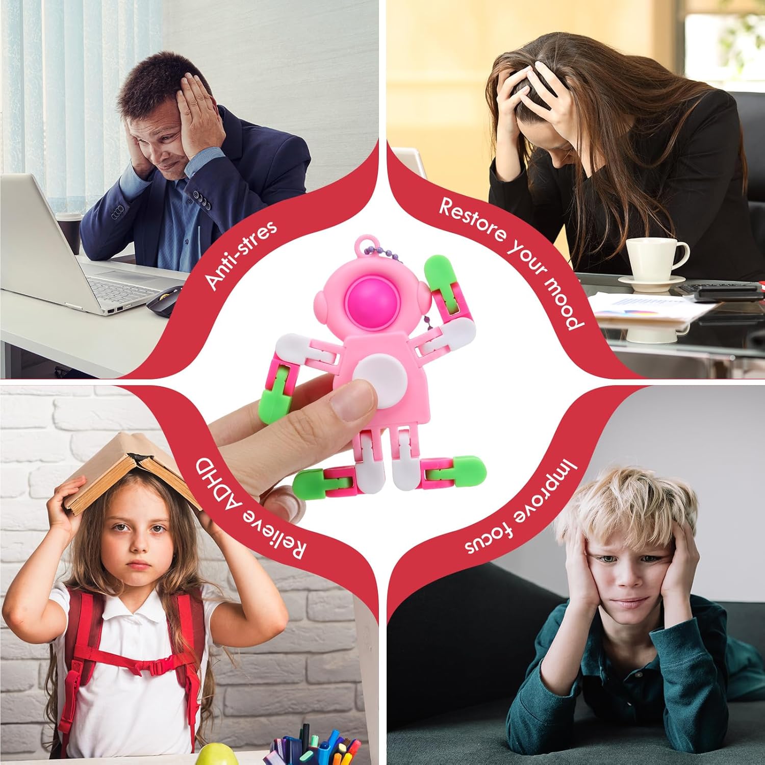 32 Pcs Funny Sensory Fidget Toys Robot Fidget Spinners Fidget Party Favors Robot Fingertip Toy DIY Transformable Chain for Teens Adults Stress Relief Birthday Gift (4 Colors,Cute Style)